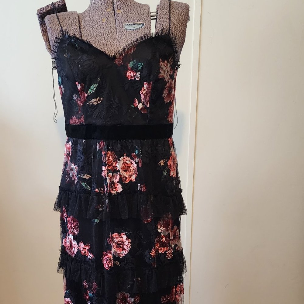 Size 8 Adriana Papell Multi-Color Floral "Painted" Lace W/Ruffle Bands Dress